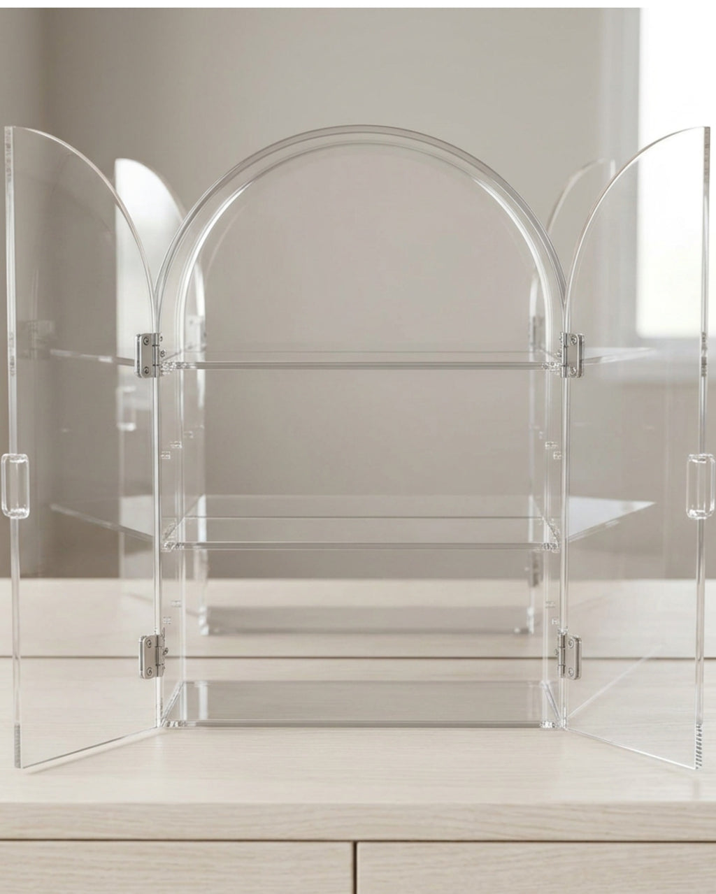 Manod Clear Acrylic Arch Cabinet with 2 Doors and 2 Shelves - Lifestyle view