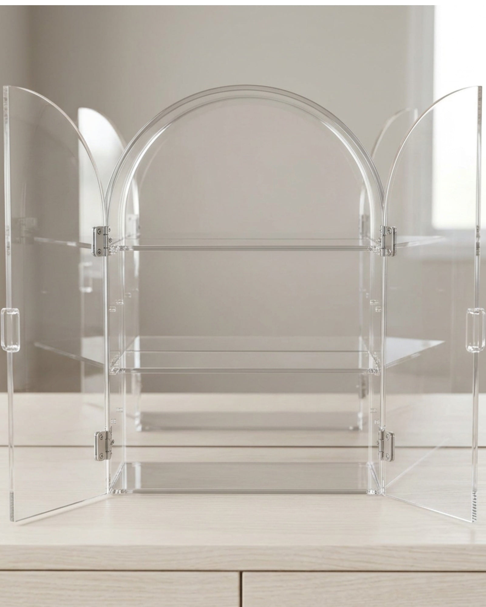 Manod Clear Acrylic Arch Cabinet with 2 Doors and 2 Shelves - Lifestyle view